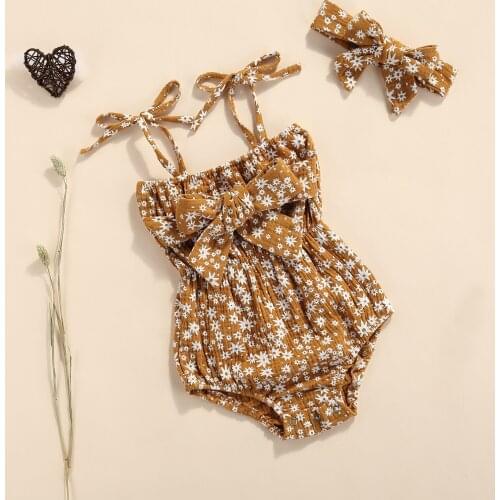 2pcs Summer Baby Girls Sweet Rompers Headband 0-18M Simple Strap Sleeveless Belt Flowers Printed Jumpsuits