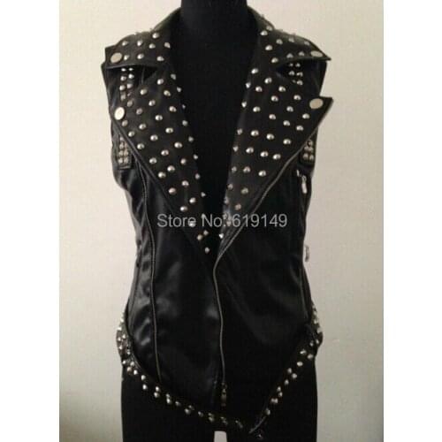 Rivet Leather Vest Punk Style Leather Motorcycle Vest Nightclub Singer Stage Mens Brand Fashion Ds Costumes Clothing / S-xl