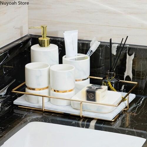 Marble Ceramic Bathroom Set Household Light Luxury Lotion Bottle Soap Dish Toothbrush Holder Cup/bathroom Decoration Modern