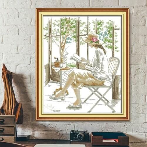 Chinese style cross stitch embroidery kit 11ct 14ct handmade embroidery elegant girl reading pattern in home decoration painting