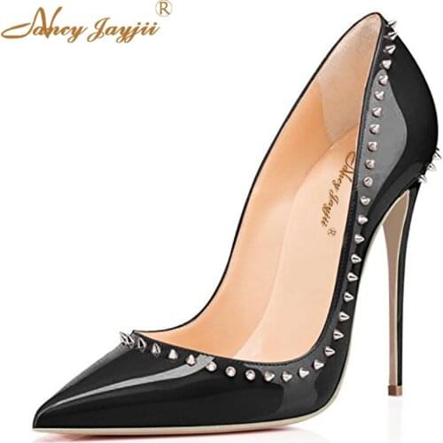 Supperstar Fashion Rivets Black Pink Red Patent Leather Womens High Heels Shoes Sexy Pointed Toe Pumps Stiletto Evening Shoes