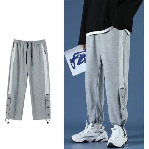 QNPQYX Autumn Men joggers sweatpants Solid Color Sports Pants Men Trendy Loose Straight Leg Multi-button Beamed Casual Trousers