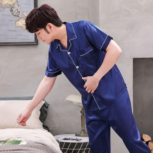 New Mens Stain Silk Pajama Set Men Pajamas Silk Sleepwear Men Modern Style Soft Satin Nightgown Men Summer Homewear Clothes