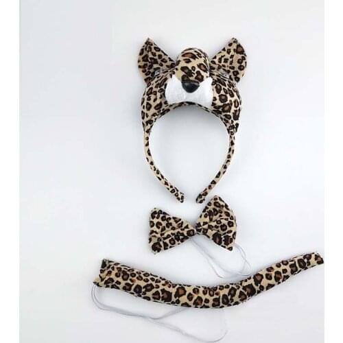 Halloween Leopard Cat Ears Headband Bow Tie Tail Set Headpiece Women Ears Hair Hoops Hair Bands Holiday Party Decoration