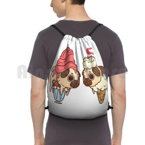 Puglie Froyo And Ice Cream Backpack Drawstring Bags Gym Bag Waterproof Pug Pugs Food Yoghurt Ice Cream Puglie Cute Funny