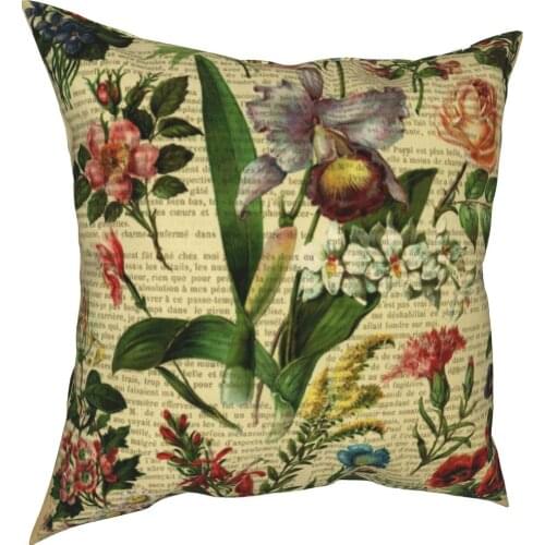 Botanical Print On Old Book Page Garden Flowers Pillowcase Printed Cushion Cover Decorative Throw Pillow Case Cover Home Zipper