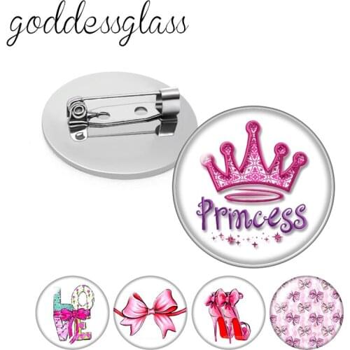 Pink Ribbon Princess crown Girls Round Glass cabochon Silver color Brooch Dome Photo Jewelry Brooches Pin For Gift