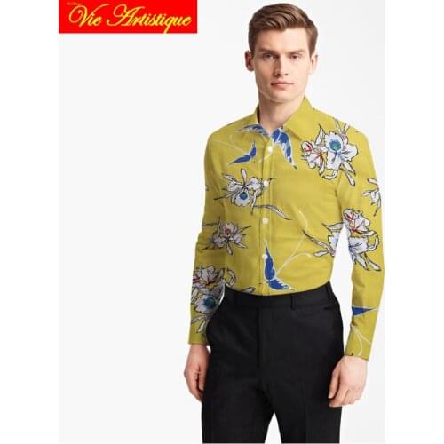 Custom tailor made Mens bespoke cotton floral shirts business formal wedding ware blouse yellow print white flower fashion