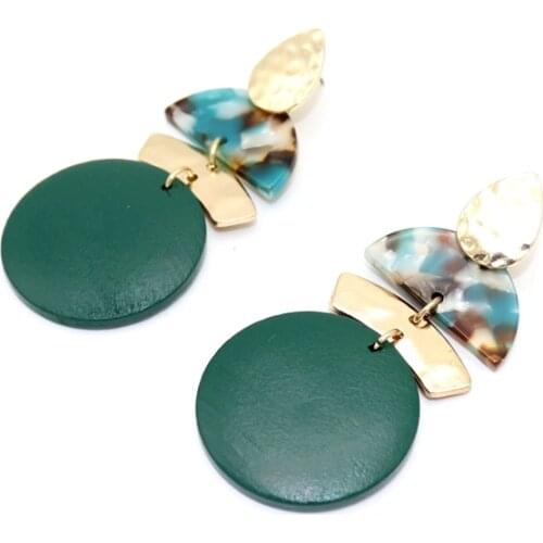Fashion Big Green Wood Disc Drop Earrings Harmmed Heart Geometric Drop Earrings for Women Big Earrings Wholesale Christmas Gifts