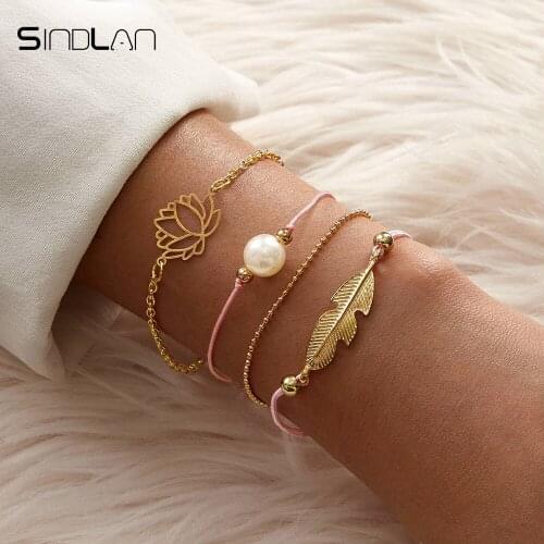 Sindlan 4Pcs Kpop Gold Pearl Bracelet for Women Cute Charms Flower Heart Rope Chain Set Female Vintage Fashion Jewelry Pulseras