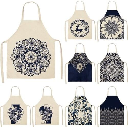 Blue Porcelain Mandala Kitchen Aprons For Women Cotton Linen Bibs Household Cleaning Pinafore Home Cooking Apron 53*65cm WQL0113