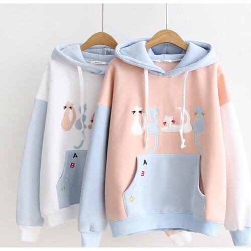 Hooded Sweatshirt Girls Kawaii Cute Cat Embroidery Long Sleeve Hoodie Ladies Warm Velvet Casual Pullover Student Women Clothes