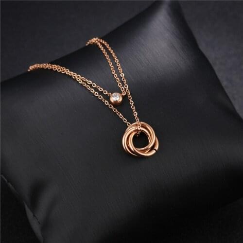 Three Rings Three Lives III Diamond-plated Rose Gold Pendant Double Necklace Girls Clavicle Chain