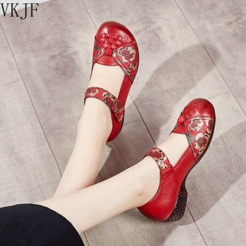 Floral Pumps Women Shoes Vintage Mary Janes Genuine Leather Soft Block Heel Dance Casual Shoes