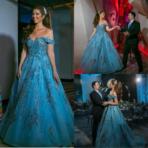 Blue Sequins Evening Dresses Elegant Off Shoulder Lace Appliques A Line Prom Dress Short Sleeve Long Fornal Party Gowns