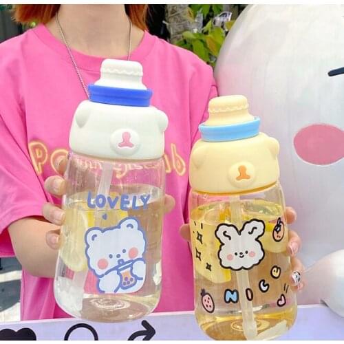 Large-capacity portable design not leaking water with straw girl heart cute elementary school summer sports bottle J05
