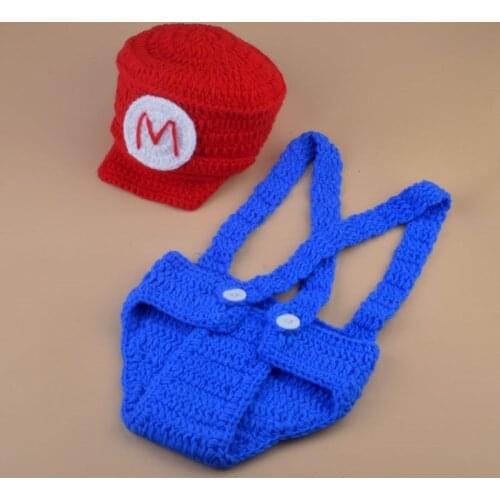 Newborn Baby Boy Crochet Knit Costume Photo Photography Prop Outfits Super Mario Luigi Design Photo Props H252