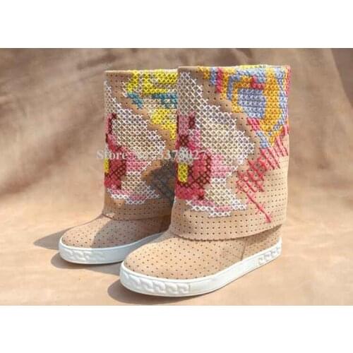 Handmade Embroidery Wedge Long Boots Woman New Height Increasing Platform Mid-Calf Boots Fashion Ladies Casual Shoes