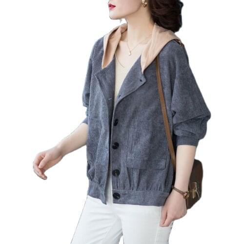 Womens Corduroy Jacket New Spring Autumn Casual Ladies Coat Korean Style Hooded Large Size Cardigan Outerwear Tops Female W506