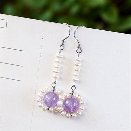 Geometric Drop Earrings for Women Natural Amethyst Beaded Pearl Flowers Long Earrings Jewelry 925 Silver Wedding Hoops Female