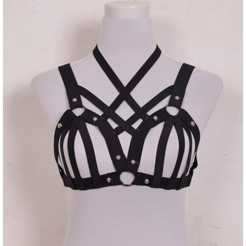 Women Handmade harness cage bra Harajuku Gothic Exotic Apparel Rivet Sexy lingerie Summer style black body harness cage bra