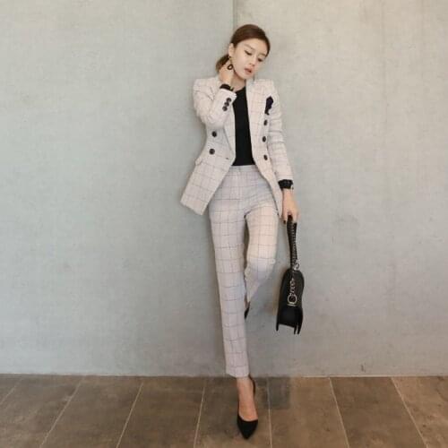 Autumn New Womens Korean Style Elegant Fashion Lapel Double-breasted Lady Business Formal OL Suits Jackets With Long Pants Suit
