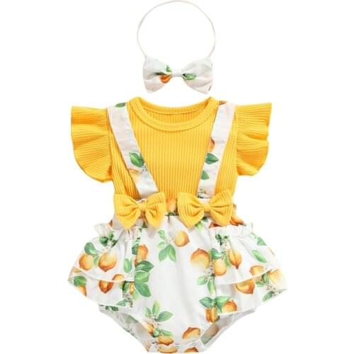 2Pcs Sweet Style Toddlers Baby Girls Outfit Summer Floral/Lemon/Dot Printing Fly Sleeve Splicing Romper + Bow Headwear Set