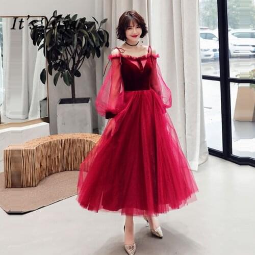 Its Yiiya Burgundy Evening Dress Boat Neck Ruched Cap Sleeve Evening Dress 2020 K365 A-Line Illusion Lace Up Dress Woman Party