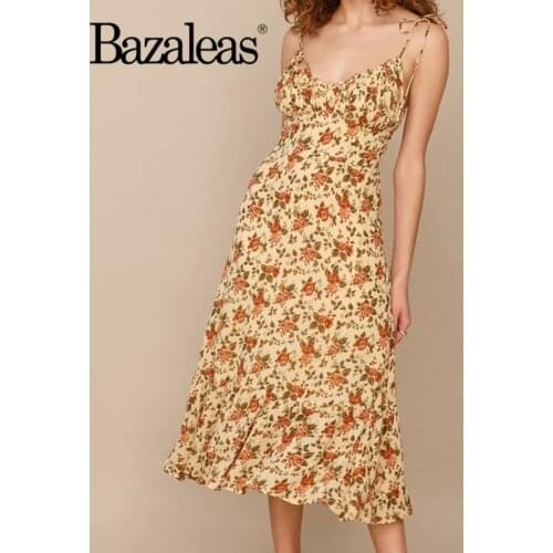Bazaleas Summer 2021 Adjust Spaghetti Strap Women Midi Dress Vintage Ruffles Floral Print Yellow Dresses Fashion Vestidos