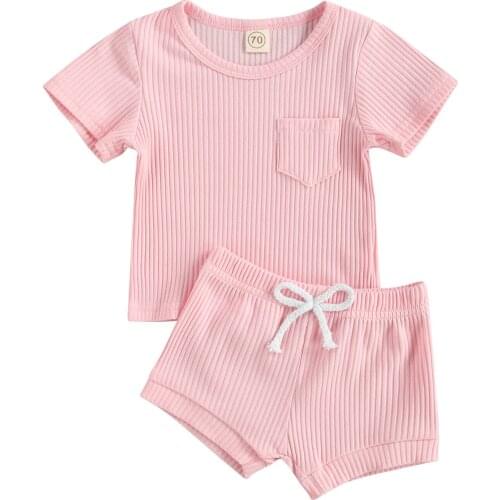 Baby Girls Boys Ribbed Clothing Set, Solid Color Ribbed Short Sleeve Tops and Shorts 2Pcs Suit Birthday Party Photography 0-24M