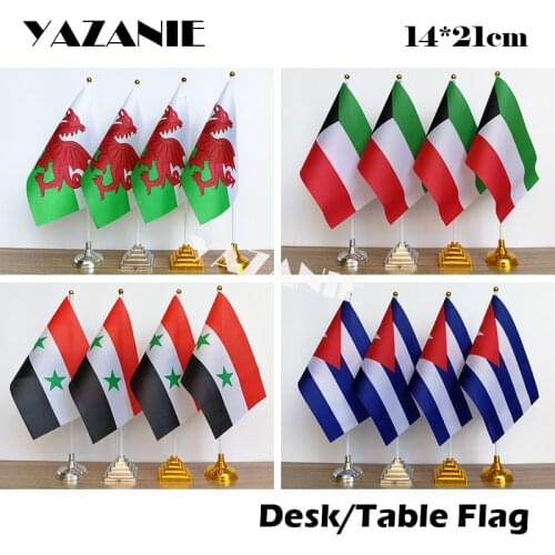 YAZANIE 14*21cm 4PCS Welsh Kuwait Syria Cuba Table Polyester Flag Small Country Desk Flag with Base Pole for Conference Table