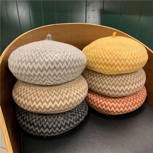 French Vintage Wave Striped Wool Beret Cap Women Beanie Hat Women Thick Wool Warm Winter Hat Berets Femme Painter Hats Caps 2021