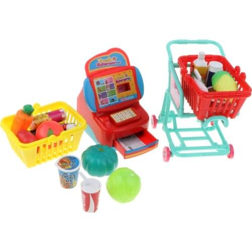 Pretend Play Supermarket Set, Cash Register Playset with Cart and Foods Educational Toy Set for Kids
