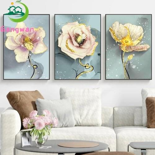 Abstract gold Flower Picture Full Diamond Painting Cross Stitch Triptych Mosaic Embroidery Handmade New Arrival Home Decoration