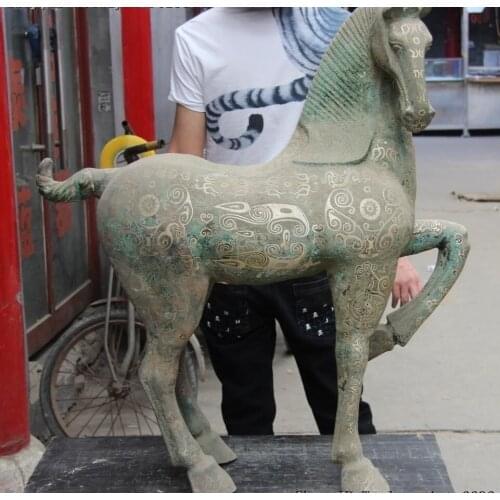 34" Chinese Dynasty Bronze Copper Silver-Gilt War-horse Fine Horse Steed Statue