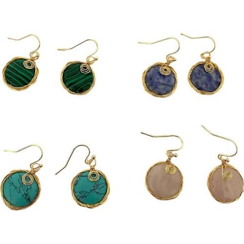 Round Crystal Beads Earrings for Women Irregular Handmade Wire Wrapped Dangle Hook Drop Earrings Goldtone