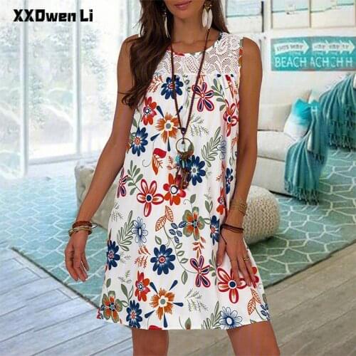 Summer Lace Stitching Floral Print Tank Mini Dress Women Vintage Sleeveless Boho Dresses Casual Loose White Plus Size Clothing