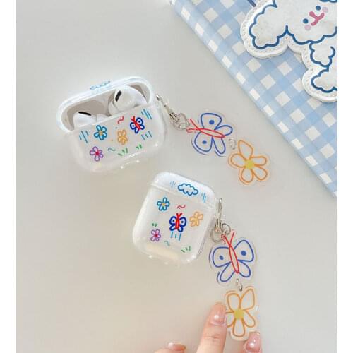 Cute Butterfly Clear TPU Soft Earphone Box For Apple Airpods Pro Case for AirPods 1 2 Cover Shell Acrylic Simple Flower Keyring
