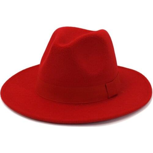 Solid Color Wool Felt Jazz Fedora Hats With Ribbon Band Women Men Wide Brim Panama Party Trilby Wedding Hat