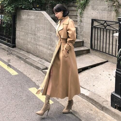 French Hepburn tweed coat womens lace up waist over knee fashion temperament high-end camel double-sided cashmere coat