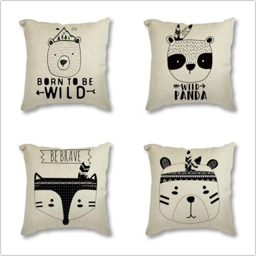 Tribe Bear Fox Head Poster Black Print Cushion Cover for Sofa Animal Nursery Print Nordic Linen Cotton Decorative Pillowcase