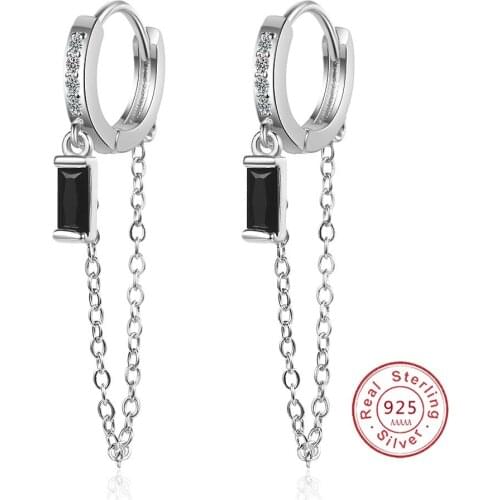 2PC Black Stone Ear Hole Cubic Zircon Stud Earring Tassels 925 Sterling Silver Ear Jewelry for Women Party Gift