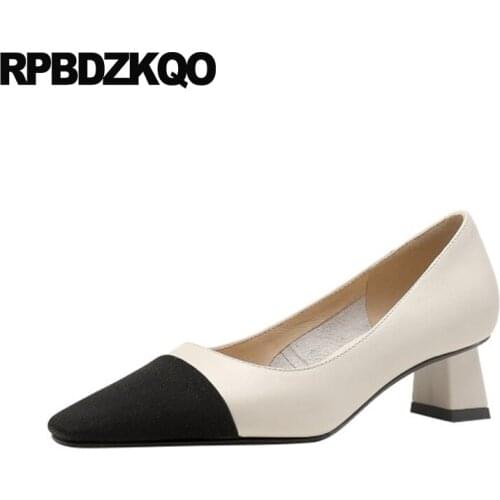 Beige Leather Pumps Low Heels Ladies High Quality Shoes Size 33 2021 Black Medium Office Genuine Chunky Formal Thick Square Toe