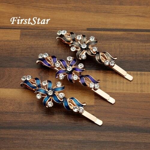 1 Pair FirstStar Purple Black Rhinestone Hair Clip Hairpins Korean Headwear Crystal Flower Barrette Accessories For Woman Girls