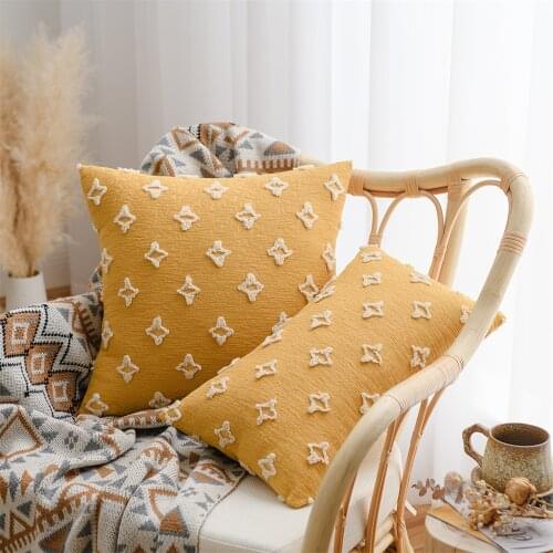 Yellow Cushion Cover White Flower Star Pure Cotton Pillowcase Waist PillowCover Bedroom Sofa Window Zip Cushion 30x50cm/50x50cm
