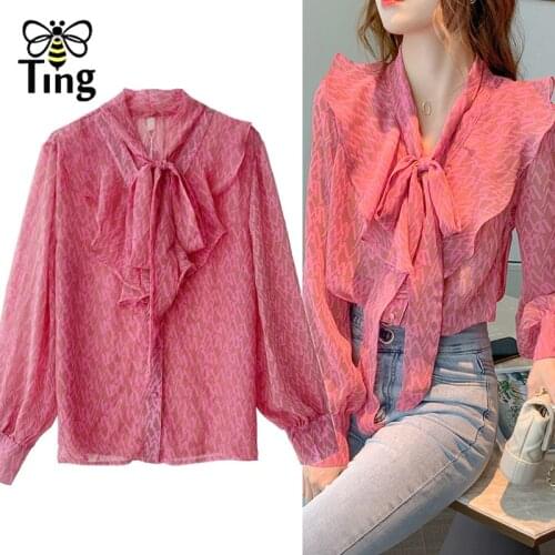 Tingfly Vintage Elegant Women Bowknot Collar Ruffles Chiffon Thin Blouses Floral Print Summer Casual Street Blusas Pullovers Za