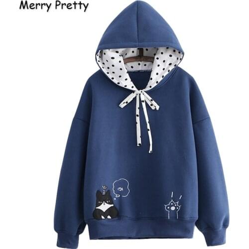 Merry Pretty Women’s Polka Dot Hooded Sweatshirts Cartoon Cat Harajuku Embroidery Hoodies Sweatshirt Femme Loose Tracksuit