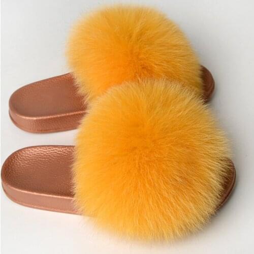 Womens Real Fox Fur Sandals Fox Hair Flat Fluffy Slippers Indoor PVC Gold Bottom Plush Shoes Women Slides Furry Flip Flops