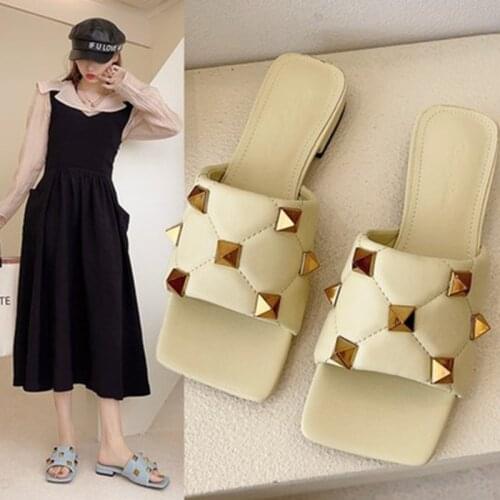 Punk Retro Rivet Decoration Womens Slippers Fashion Brand Square Toe Leather Shoes Woman Flat Ladies Slides Summer Flip Flops