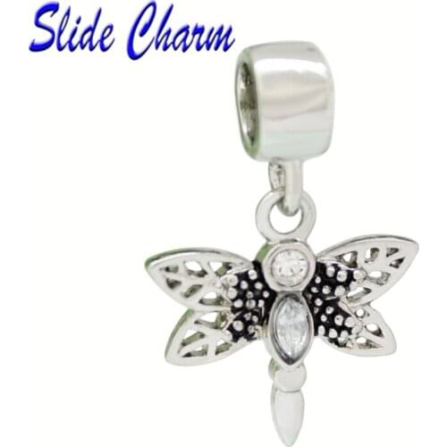 Feminine Jewelry, DIY Beads, Dragonfly Animal Insect Charm, White Crystal Pendant Charm Beads Fit Pandora bracelet necklace